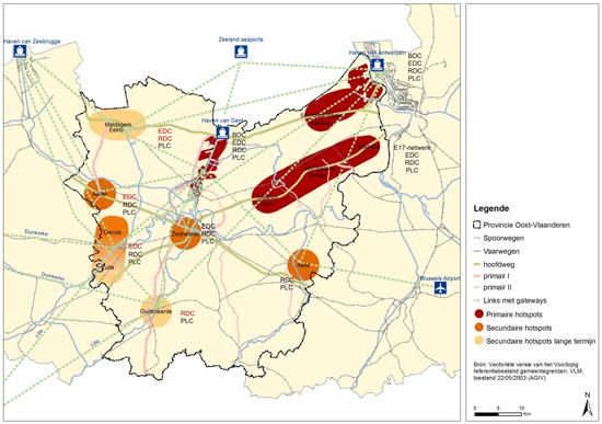 De rode delen zijn de plaatsen voor het Bijzonde Economisch Knooppunt Stekene/Sint-Gillis, ten noorden en ten zuiden van de Expressweg.