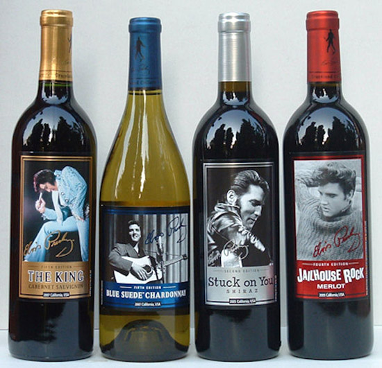 De flessen wijn met het Elvisetiket en waarvan ‘Kings Cabernet’ de nieuwste is.