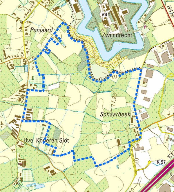 Op deze kaart is duidelijk te zien hoe dicht de glastuinbouwzone en het Fort van Zwijndrecht bij elkaar liggen.